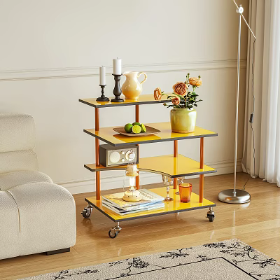 Multi Tiered Side Table with Wheels Yellow Black Shelves Candles Vase Flowers in Living Room 3d model