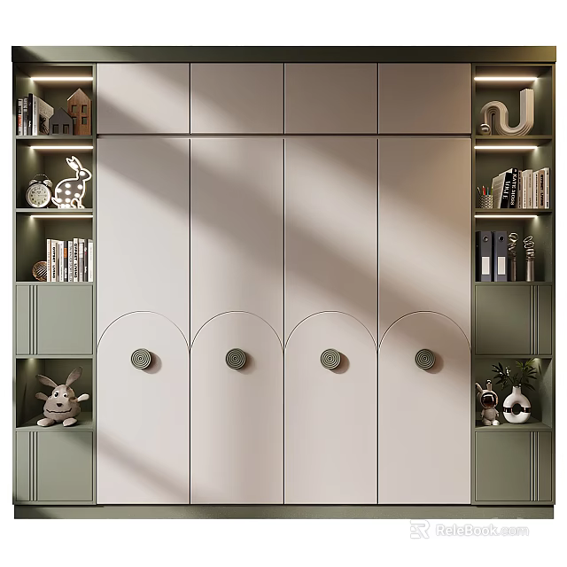 Modern Wardrobe Design With White Doors Round Handles And Green Side Shelves With Decorative Figurines 3d model 