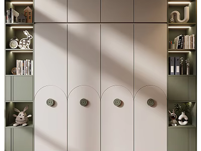 Modern Wardrobe Design With White Doors Round Handles And Green Side Shelves With Decorative Figurines 3d model