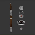 Traditional Weapon With Wooden And Metal Hilt Red Gemstone Accents And Decorative Ornaments
