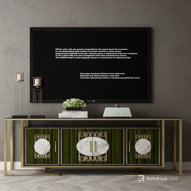 Modern TV Stand With Green Cabinet Doors Gold Frame And Decorative Items On Top 3d model 