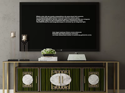 Modern TV Stand With Green Cabinet Doors Gold Frame And Decorative Items On Top 3d model