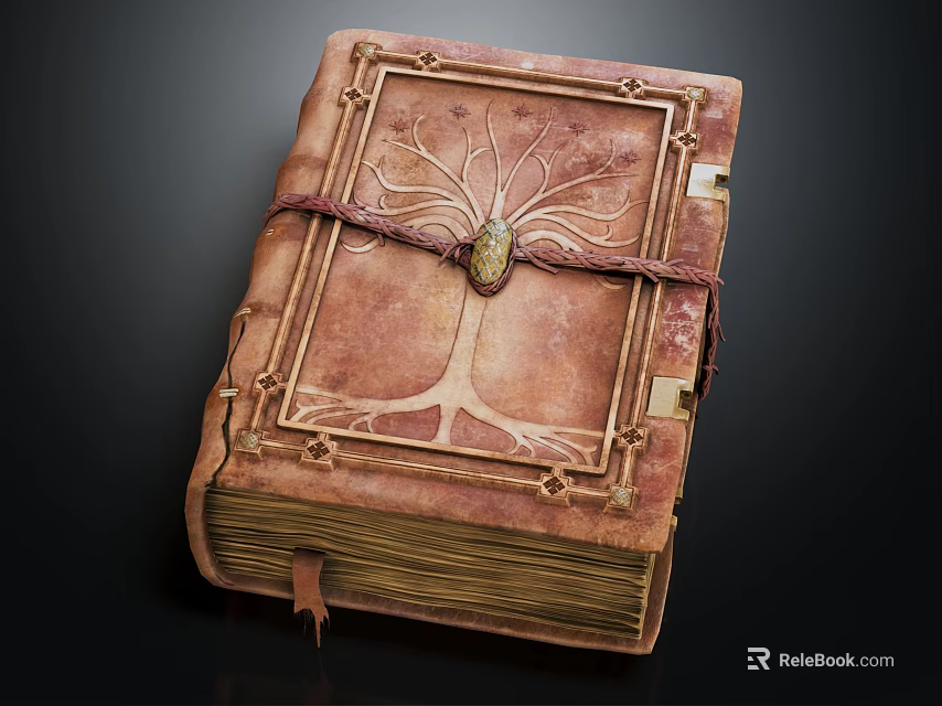 Ancient Leather Bound Book With Ornate Tree Design And Decorative Metal Clasp 3d model 