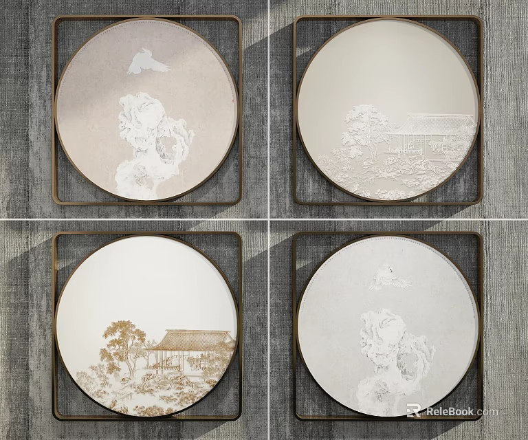 Abstract Paintings In Four Circular Frames With Natural Elements And Gray Background 3d model