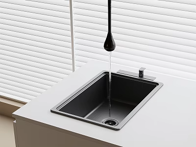 Modern Black Drop Shaped Faucet Over Stainless Steel Sink On White Countertop With Window Blinds 3d model