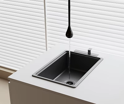 Modern Black Drop Shaped Faucet Over Stainless Steel Sink On White Countertop With Window Blinds 3d model