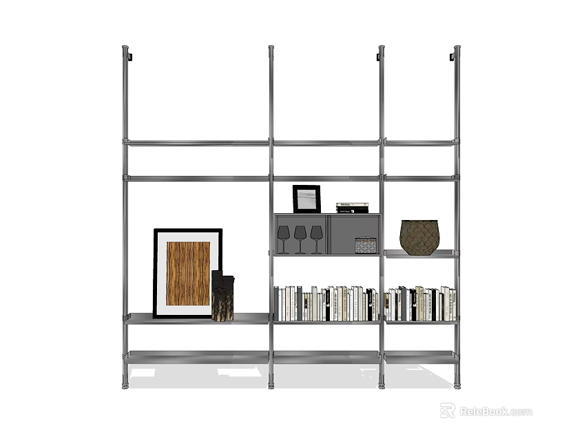 Metal Shelving Unit With Multiple Layers Holding Books Frames And Decorative Items 3d model