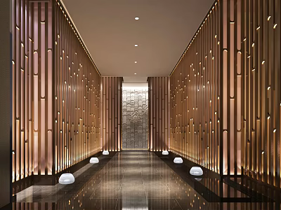Modern Luxurious Elevator Hallway Design With Vertical Slat Walls Recessed Lighting And Polished Floor 3d model