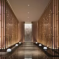 Modern Luxurious Elevator Hallway Design With Vertical Slat Walls Recessed Lighting And Polished Floor