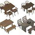 Wooden Dining Table Sets With Chairs And Benches In Various Styles 3d model