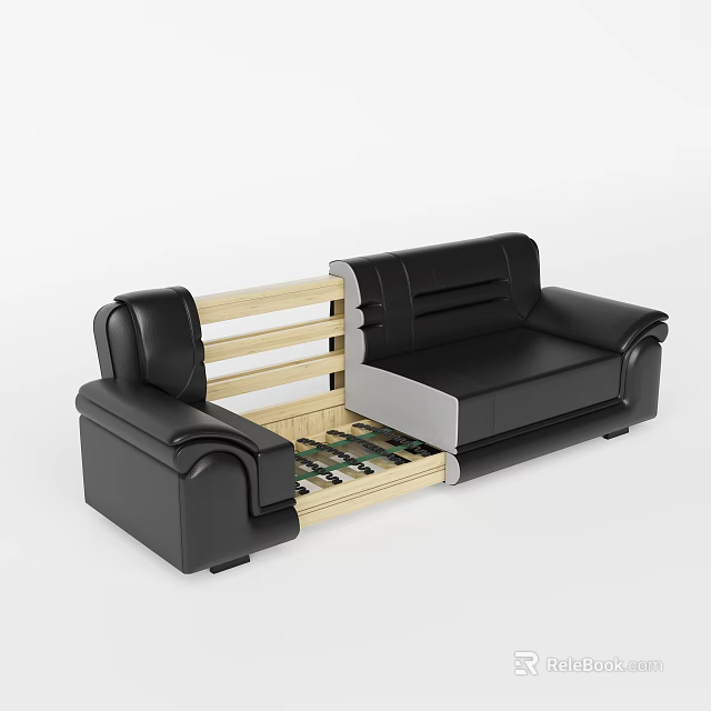 Disassembled Black Sofa Showing Wooden Frame And Coil Spring Structure 3d model