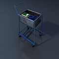 Blue Industrial Metal Cart With Green Book And Blue Rings In Basket On Wheels