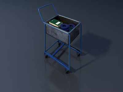 Blue Industrial Metal Cart With Green Book And Blue Rings In Basket On Wheels 3d model