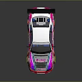 Pink Purple White Racing Car With Yellow Wheels Black Rear Wing And Body Stickers