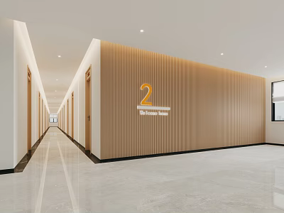 Modern Office Corridor with Wooden Wall Sign Number 2 Meeting Room and Marble Floor Lighting 3d model