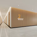 Modern Office Corridor with Wooden Wall Sign Number 2 Meeting Room and Marble Floor Lighting