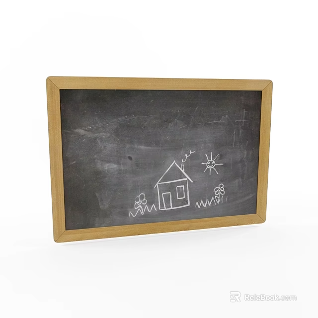 Wooden Frame Chalkboard Wall Hanging With Hand Drawn House Sun And Grass 3d model 
