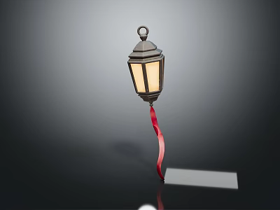 Decorative Vintage Furniture Lantern With Metal Frame Glass Panels And Red Ribbon 3d model