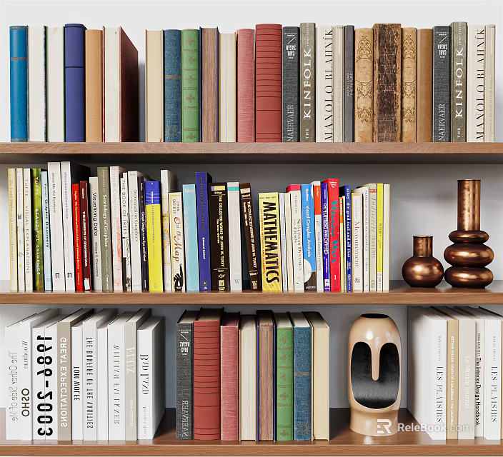 Elegant Home Bookshelf Ornamental Set With Colorful Books And Decorative Pieces 3d model 