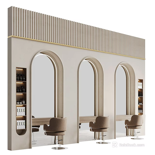 Elegant Beauty Salon Interior With Arch Mirrors Comfortable Chairs And Decorative Walls 3d model 