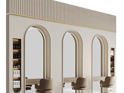 Elegant Beauty Salon Interior With Arch Mirrors Comfortable Chairs And Decorative Walls 3d model