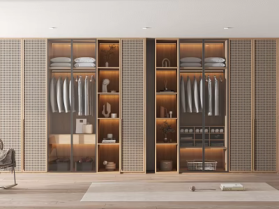 Modern Wooden Wardrobe With Glass Doors Hanging Rails Storage Shelves And LED Lighting 3d model