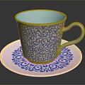 Elegant Blue And White Patterned Cup With Saucer And Gold Rim For Daily Use