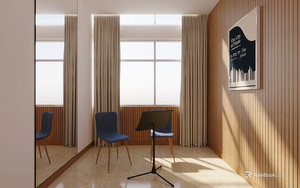 School Music Classroom Interior With Wooden Walls Blue Chairs Music Stand And Piano Art 3d model 