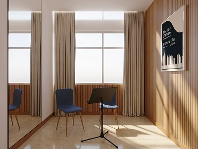 School Music Classroom Interior With Wooden Walls Blue Chairs Music Stand And Piano Art 3d model