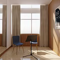 School Music Classroom Interior With Wooden Walls Blue Chairs Music Stand And Piano Art