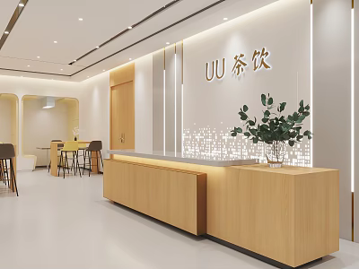 Modern Cozy Milk Tea Shop Interior With Wooden Counter Green Plant And Seating 3d model