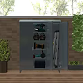 Outdoor Storage Cabinet With Shelves For Tools And Equipment Near Brick Wall And Green Plants