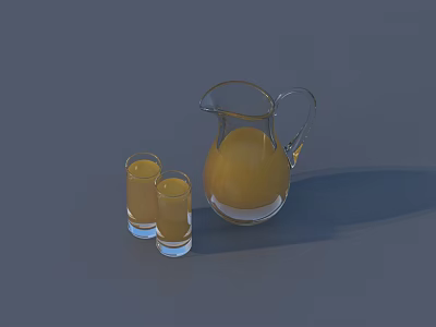 Transparent Glass Pitcher With Yellow Juice And Two Small Glasses On Gray Surface 3d model