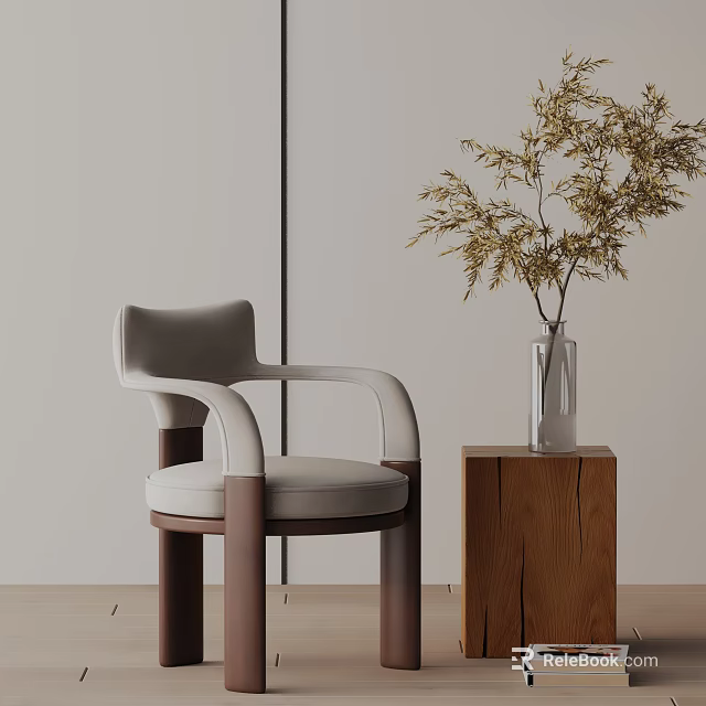 Modern Light Beige Upholstered Dining Chair With Wooden Legs And Side Table Plant Vase 3d model 