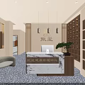 SPA Sauna Lobby Interior With Marble Reception Desk Red Beige Shelves And Green Plant