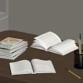Open and Stacked Books on Wooden Table with Pen Holder and Pens