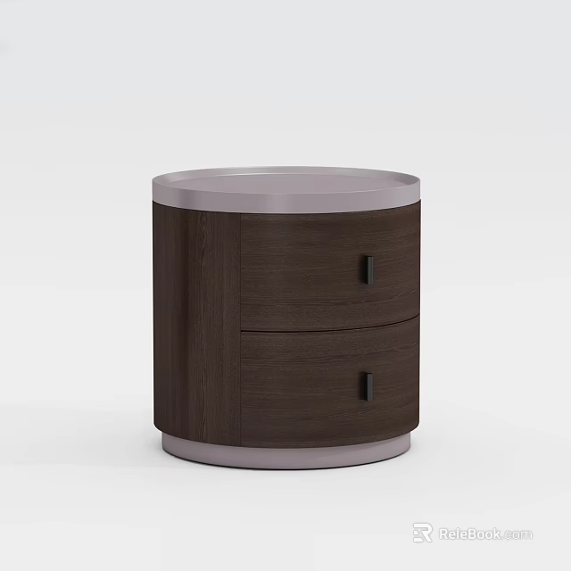 Dark Brown Wooden Nightstand With Round Top Two Drawers And Light Gray Base 3d model 