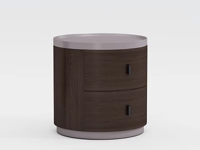 Dark Brown Wooden Nightstand With Round Top Two Drawers And Light Gray Base 3d model