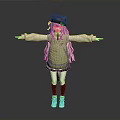 Woman With Hat Long Hair Wearing Green Top Short Skirt Long Socks Sneakers Arms Outstretched