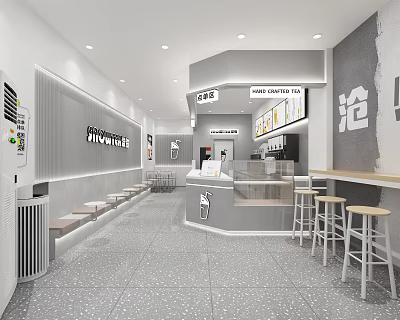 Modern Bubble Tea Shop Interior With Counter Seating And Simple Decor 3d model