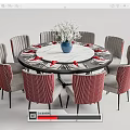 Elegant Round Dining Table Set With White Tabletop Gray Red Striped Chairs And Blue Vase 3d model