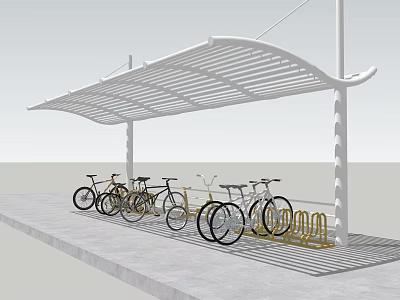 Outdoor White Modern Bike Shelter With Bicycles And Parking Racks 3d model