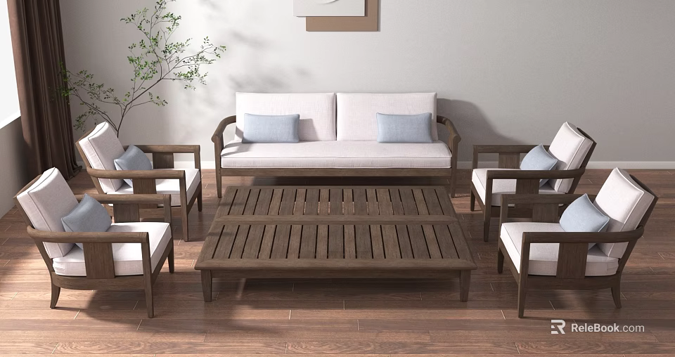 Modern Living Room Interior With Sofa Coffee Table Chairs Wooden Floor Plant And Decorative Painting 3d model 