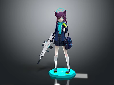 Game Movie Character With Cat Ears Purple Hair School Uniform Gun On Blue Base 3d model