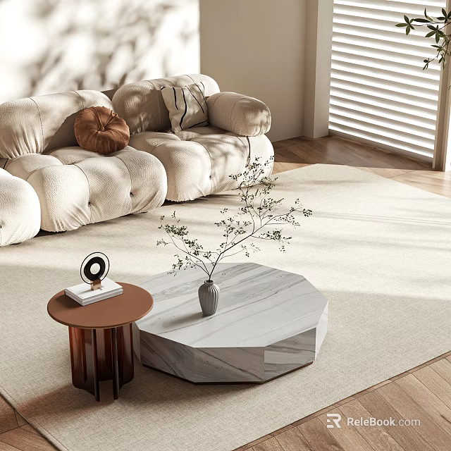 Modern Cream Sofa Coffee Table Set With Plush Cushions Marble Octagonal Table And Green Plant 3d model 