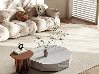 Modern Cream Sofa Coffee Table Set With Plush Cushions Marble Octagonal Table And Green Plant 3d model