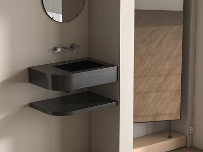 Black Wall Mounted Bathroom Sink With Round Mirror And Wooden Cabinet On Neutral Wall 3d model