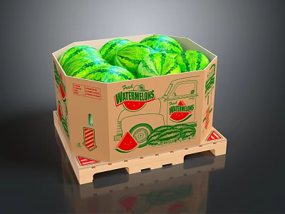Full of Fresh Watermelons in Cardboard Box with Truck Design on Wooden Pallet 3d model