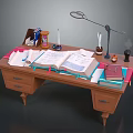 Wooden Writing Desk With Open Book Table Lamp Hourglass And Stationery Items