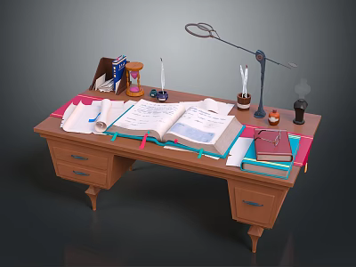 Wooden Writing Desk With Open Book Table Lamp Hourglass And Stationery Items 3d model